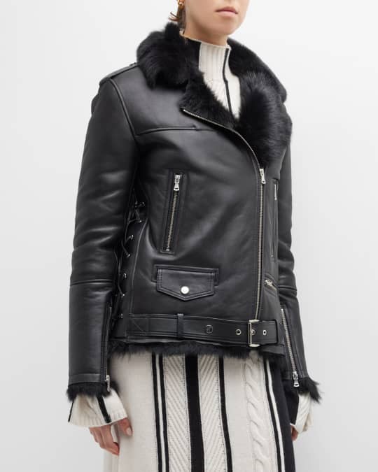 Nour Hammour Leather Motorcycle Jacket w Shearling Lining