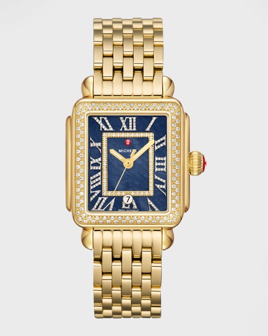 MICHELE Deco Madison Diamond Gold-Tone Watch with Navy Mother-of