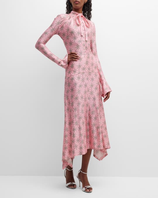 Rabanne Star-Print Gathered Neck-Tie Bell-Sleeve Midi Dress | Neiman Marcus