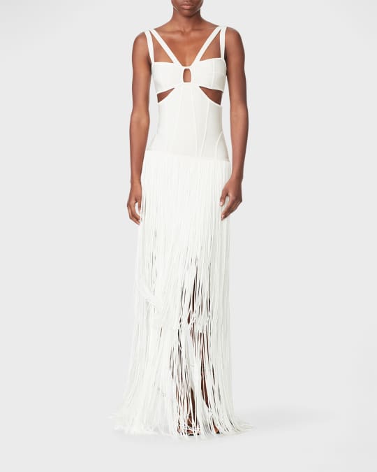 Herve Leger Cutout Strappy Fringe Gown | Neiman Marcus