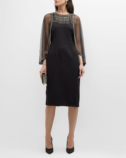 Aidan Mattox Beaded Midi Dress w/ Sheer Cape | Neiman Marcus