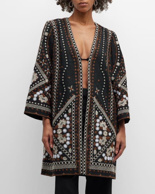 Antonia Open-Front Embroidered Linen Topper