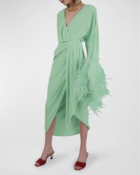 green dress classy Feather Trimmed Emerald Kaftan Dress – Store WF