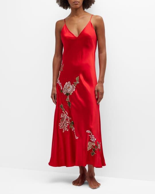 Josie Natori Kairaku Floral-Embroidered Silk Gown | Neiman Marcus