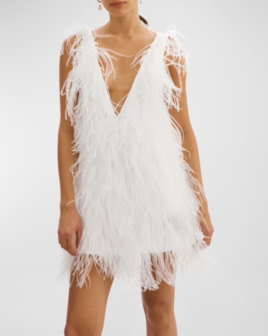 LaMarque Alena Ostrich Feather V-Neck Mini Dress | Neiman Marcus