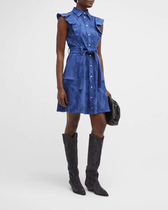 etro denim dress Floral-Print Ruffle Belted Shirtdress Farm Rio Tropical Print PLEATED 62% cotton/37% linen/1% elastane Size:wholesale_32