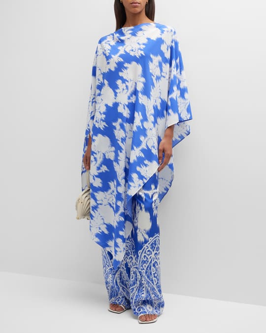 Etro Scarf Print Silk Poncho Top in Blue