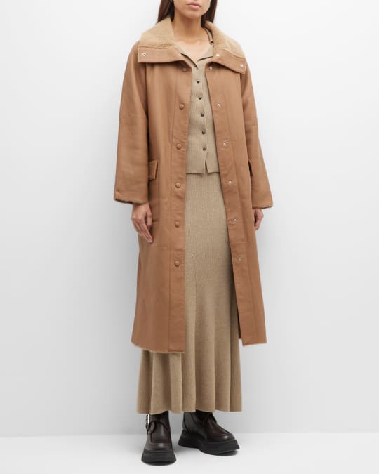 ANNE VEST Storm Leather Trench Coat w Shearling Trim Neiman Marcus
