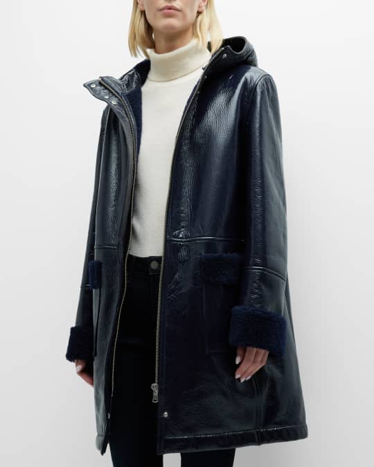 Hooded Patent Leather Coat with Shearling Trim