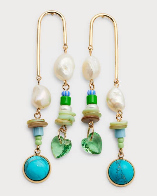 Palm Earrings with Pearls Turquoise and Beads