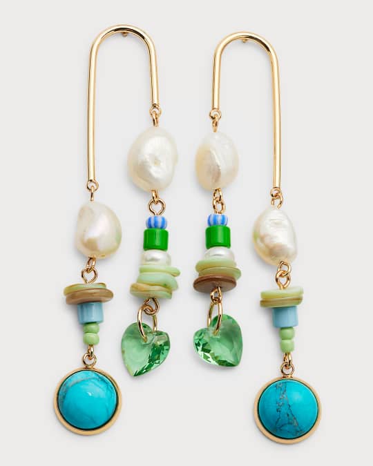 Palm Earrings with Pearls, Turquoise and Beads