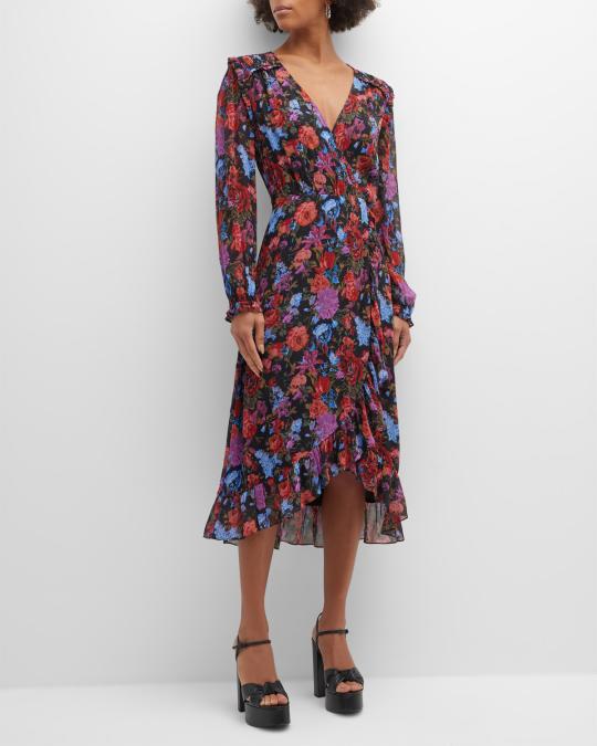 paige long sleeve floral midi dress Paige Puff Sleeve Tiered Midi Dress