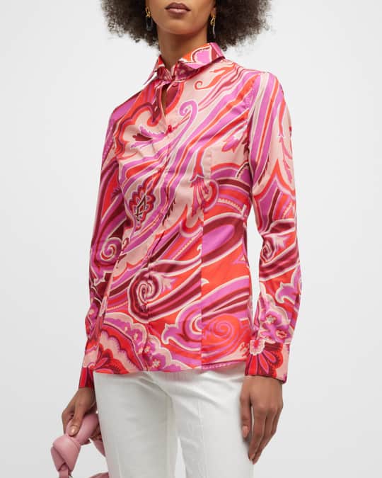 Etro Paisley Wave Geo-Print Cotton Collared Shirt | Neiman