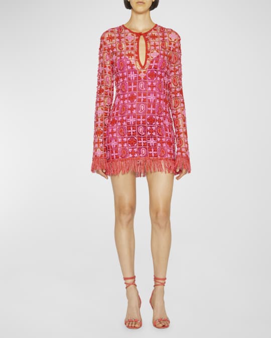 Etro Paisley Crochet Fringe-Trim Mini Dress | Neiman Marcus