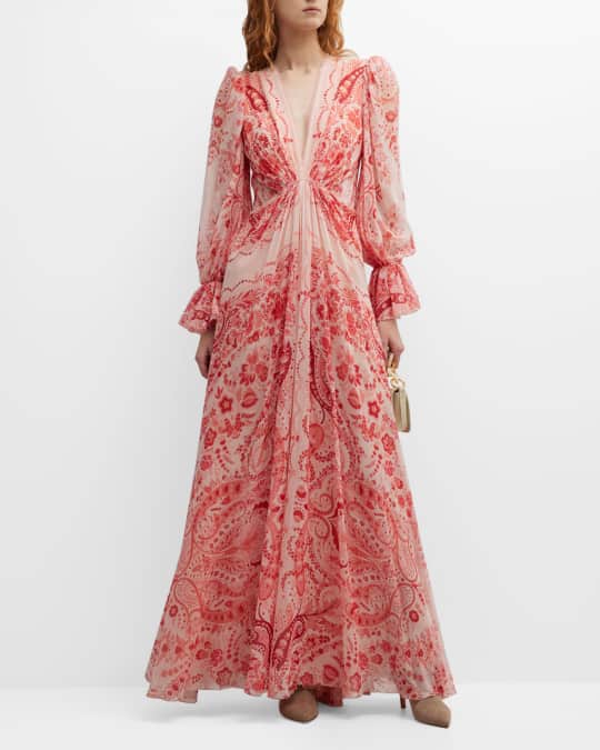 Potpourri Paisley-Print Plunging Puff-Sleeve Boho Gown