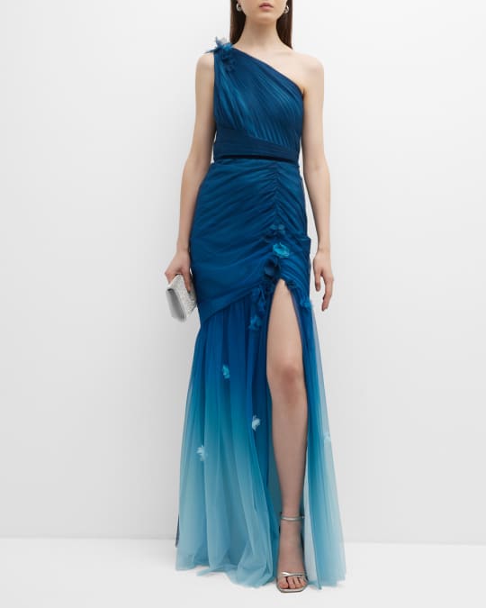 Marchesa Notte One-Shoulder Pleated Ombre Mermaid Gown | Neiman Marcus