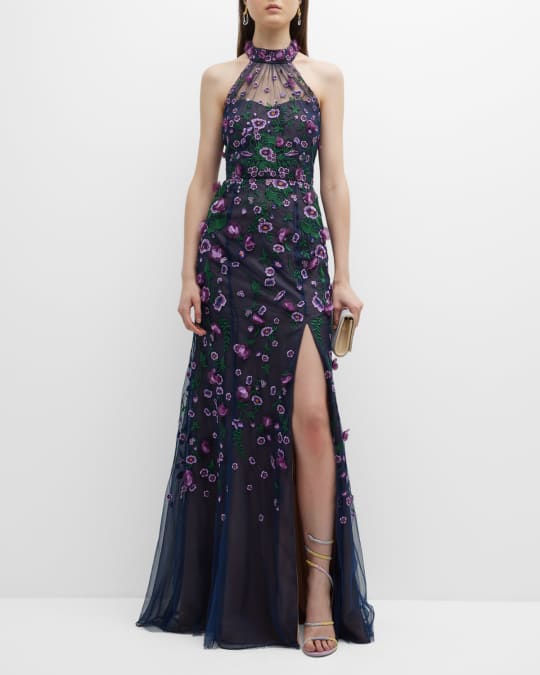 Floral Embroidered Tulle Halter Gown