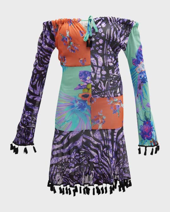 Fuzzi Off Shoulder Pathwork Print Tulle Dress Neiman Marcus