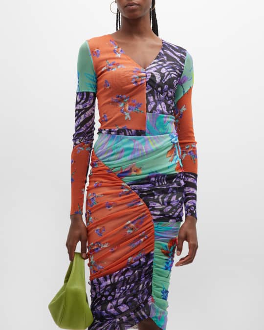 Fuzzi Patchwork Print Long Sleeve Tulle Top Neiman Marcus