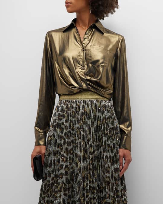 Sunset Tower Cropped Button-Front Metallic Shirt