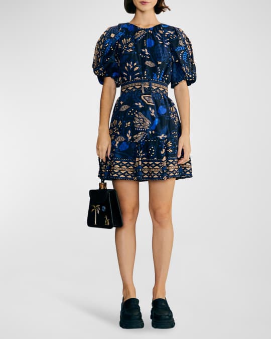 Farm Rio Macaw Forest Balloon-Sleeve Belted Mini Dress | Neiman Marcus