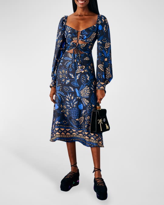 Farm Rio Macaw Forest Printed Cutout Midi Dress | Neiman Marcus