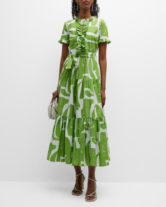 MeimeiJ Tiered Abstract-Print Ruffle-Trim Midi Dress | Neiman Marcus