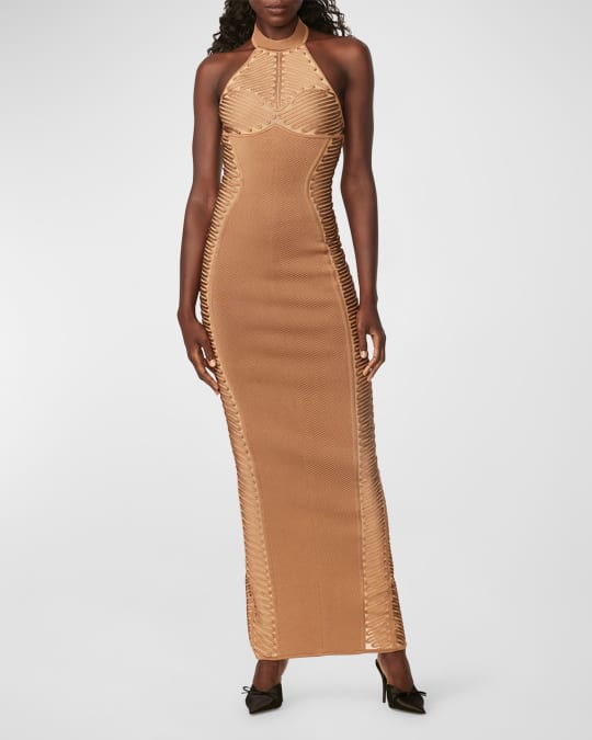 Herve Leger x Law Roach Ribbon Embroidered Bustier Halter Gown | Neiman Marcus