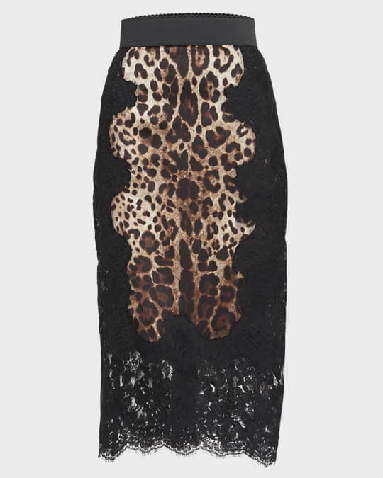 Dolce&Gabbana Leopard-Print Insert Lace Midi Skirt | Neiman Marcus
