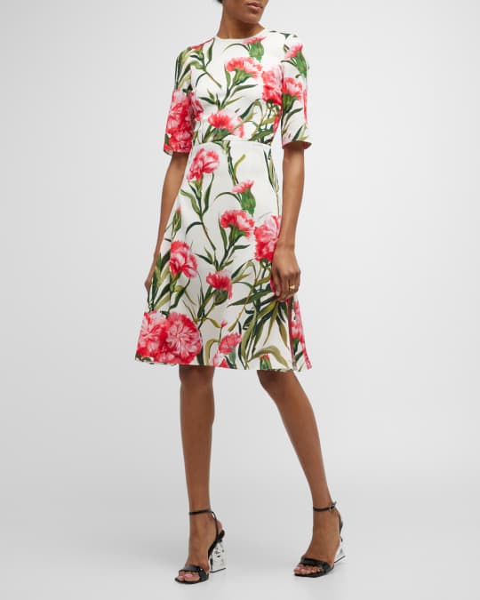 Dolce&Gabbana Floral-Print Side-Slits Short-Sleeve Silk Dress