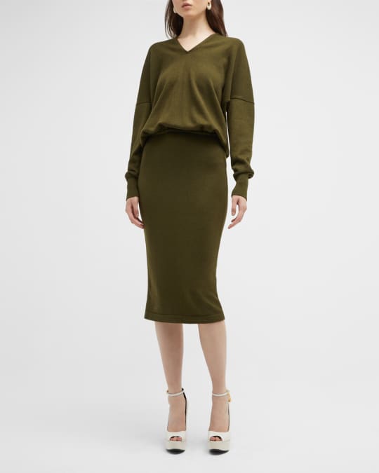 TOM FORD V-Neck Stretch Cashmere Rib Midi Dress Neiman Marcus