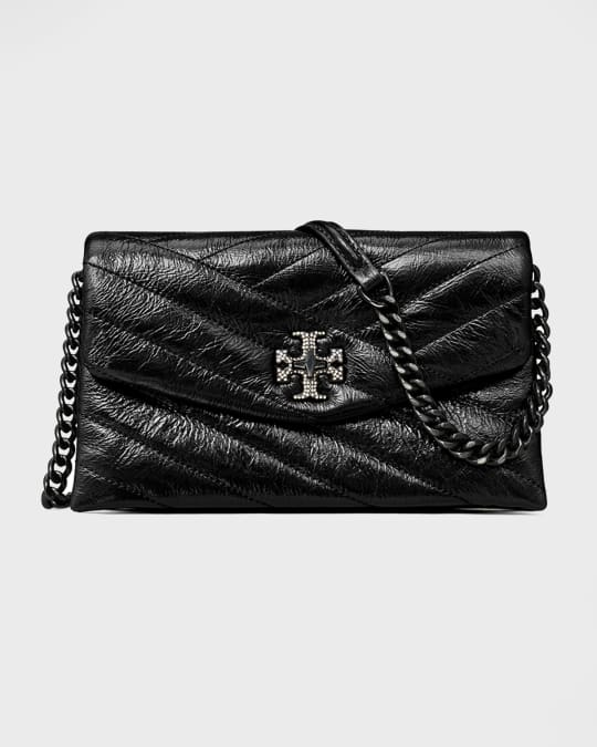 NWT TORY BURCH $398 KIRA BLACK CHEVRON PAVE LOGO CHAIN WALLET CROSSBODY BAG