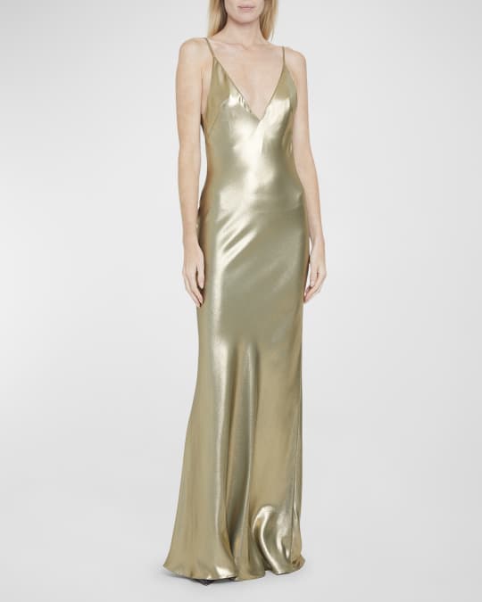 gold satin slip maxi dress Metallic Satin Sexy Open Back Cowl Slip Maxi Dress gold from Rosa main image 0