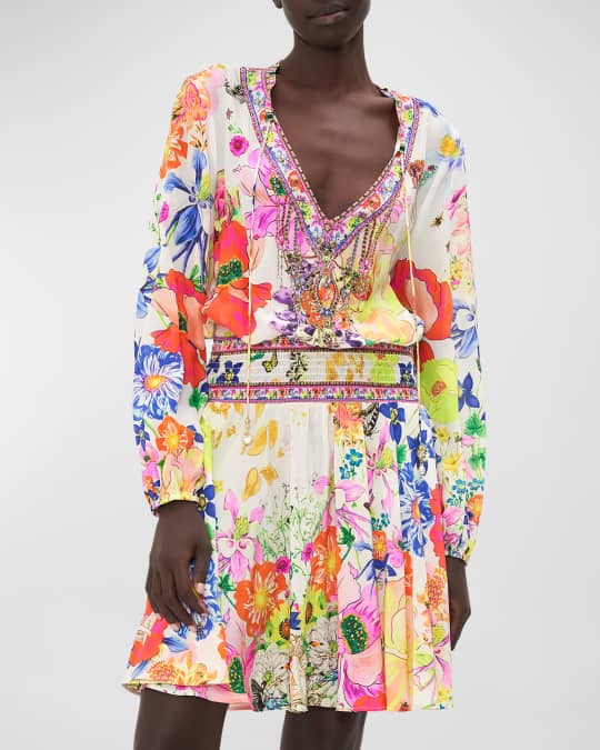 Camilla Fairy Gang Shirred Mini Dress | Neiman Marcus