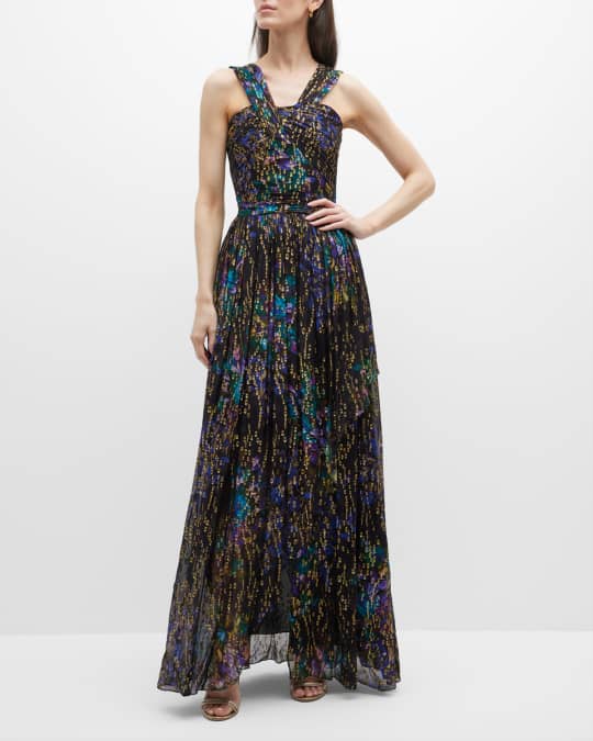 Shoshanna Sleeveless Printed Gold-Fleck Gown | Neiman Marcus
