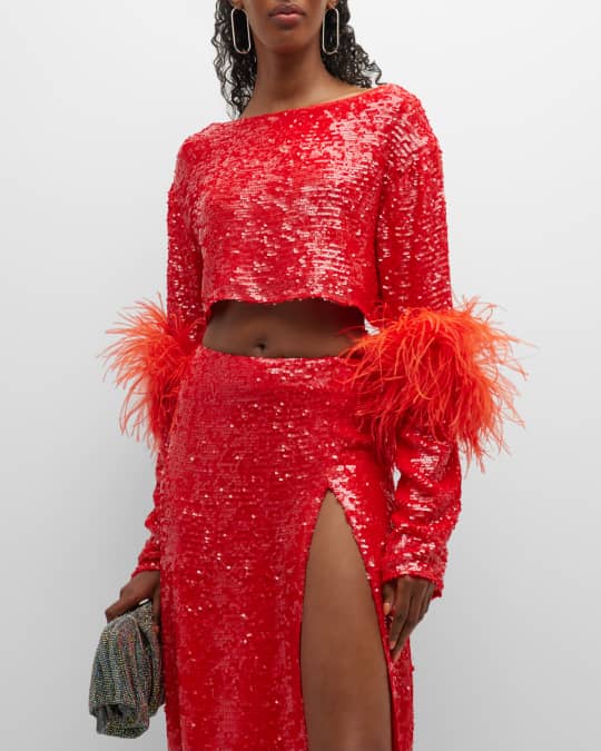 LAPOINTE Sequin BoatNeck Crop Top w/ FeatherTrim Neiman Marcus