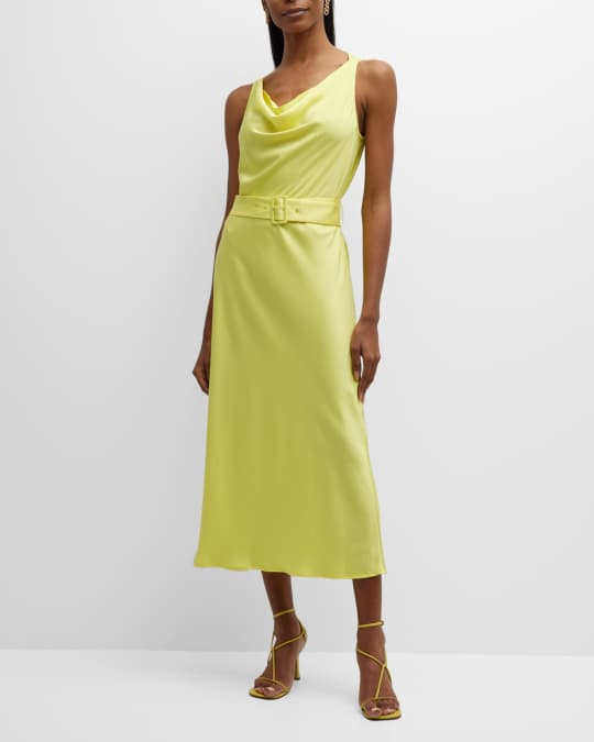 Cowl Neck Belted Satin Bias Midi Slip Dress