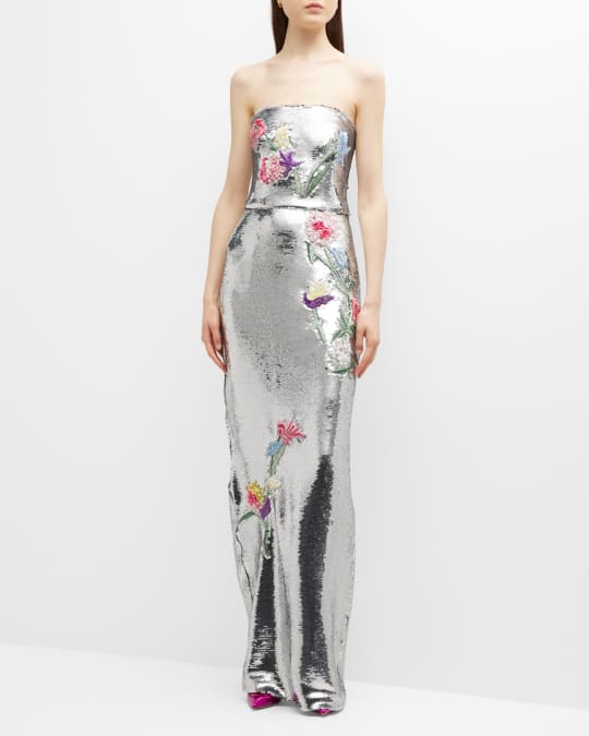 Monique Lhuillier Strapless Floral-Embroidered Sequin Column Gown | Neiman  Marcus