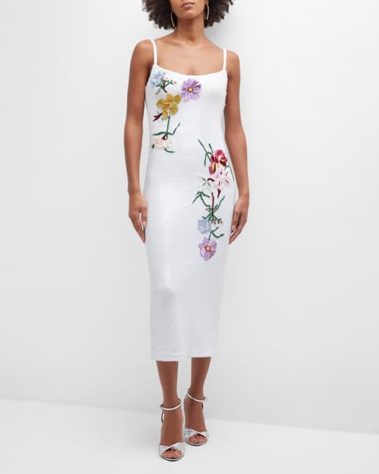 Monique Lhuillier Sequin Cocktail Dress w Floral Embroidery Neiman Marcus