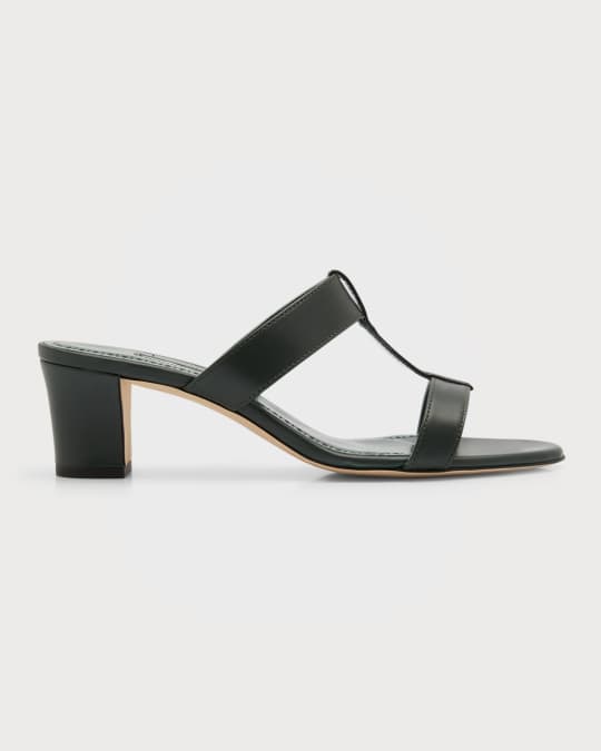 Manolo Blahnik Kesbihi Calfskin T-Strap Slide Sandals | Neiman Marcus