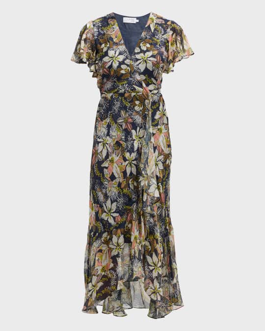 Tanya Taylor Blaire Printed Linen Silk Midi Faux Wrap Dress