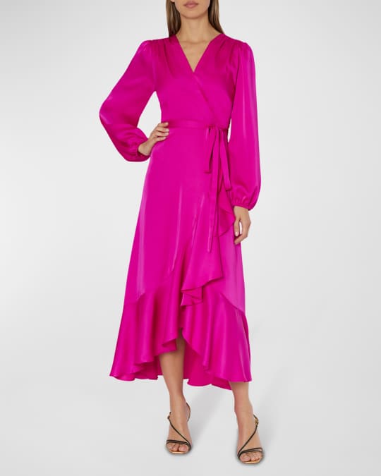 Milly Halley Faux-Wrap Ruffle Satin Midi Dress | Neiman Marcus