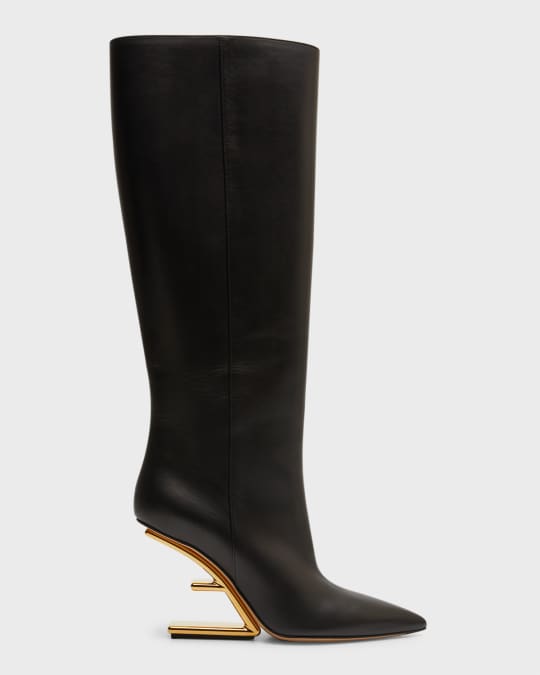 Fendi Calfskin F-Heel Tall Boots | Neiman Marcus