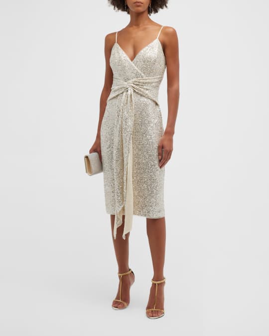Badgley Mischka Collection Sequin Midi Dress w Tie Waist Neiman