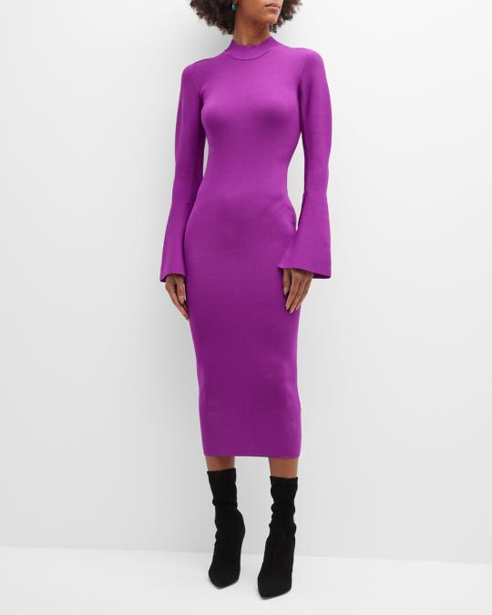 fluted sleeve knitted bodycon midi dress Lexi Black Flute Sleeve Knit Midi Dress