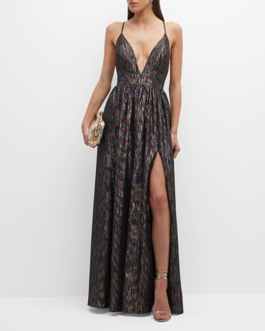 knee length dresses for ladies Organza Sleeve Metallic Crinkle Jacquard Gown – John Paul Ataker main image 0