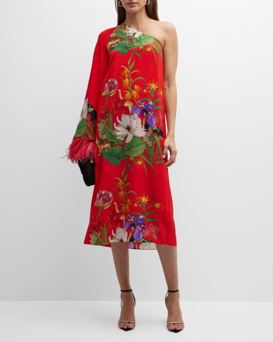 Borgo de Nor Aubrey One-Shoulder Feather-Trim Crepe Midi Dress | Neiman  Marcus