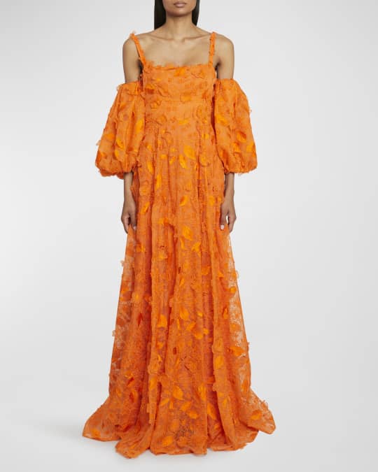 Erdem Puff Sleeve Gown with Floral Applique Detail | Neiman Marcus