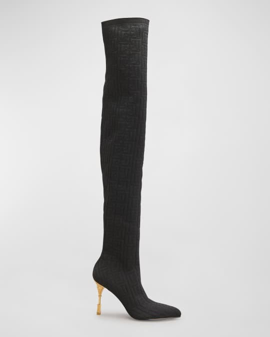Balmain Moneta Logo Engraved Heel Over The Knee Boots Neiman Marcus