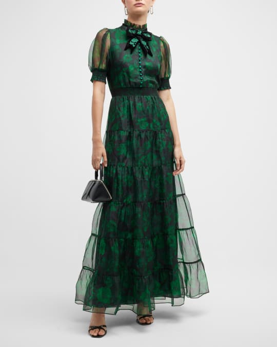 Alice + Olivia Coletta Bow-Neck Button-Front Maxi Dress | Neiman Marcus